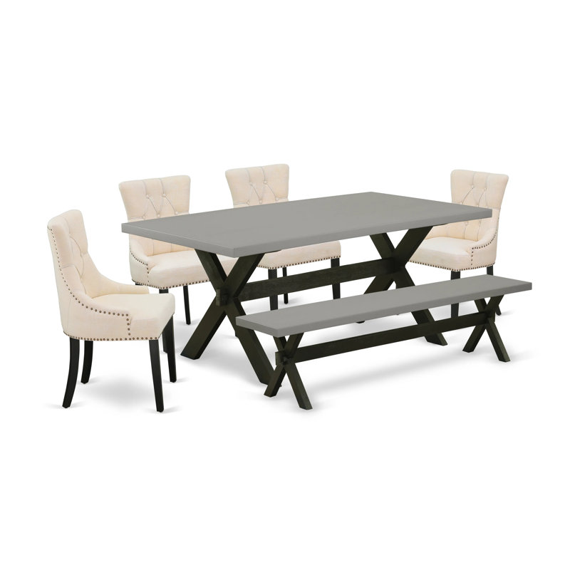 L'ensemble de table de salle à manger 6 pièces contient une table de cuisine rectangulaire avec pieds en X et 4 chaises Parson en tissu de lin beige clair avec un banc, noir brossé