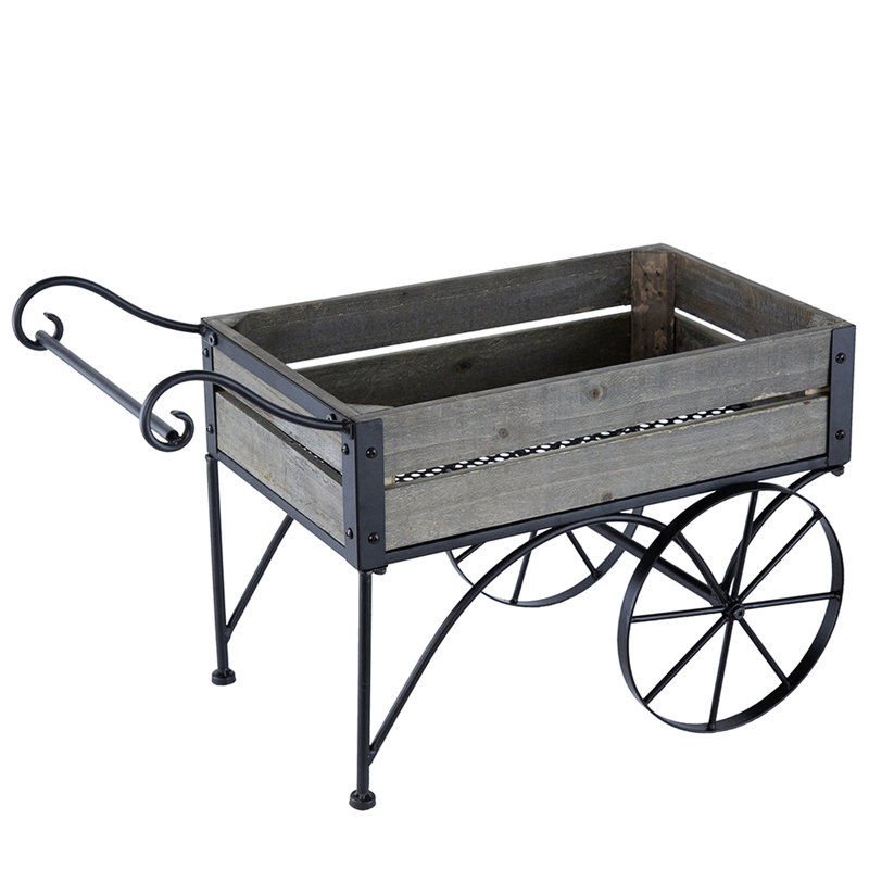 Petit support pour plantes en pot avec silhouette de chariot et deux roues, 62 x 32 x 39 cm, 4,5 kg, poignée incurvée noire rustique, idéal pour les plantes, assemblage requis