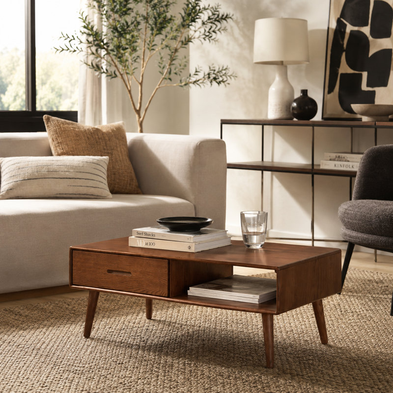 Table basse de 39 po de style Mid-Century moderne en chêne massif avec tiroir, Brun teint chêne
