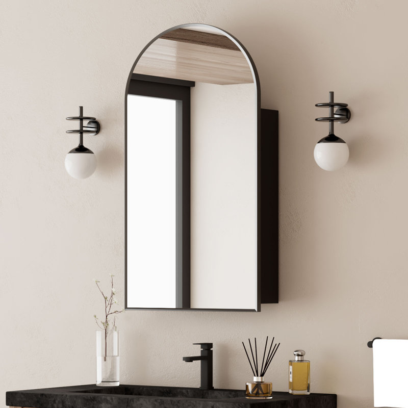 Raygen Arched Bathroom Cabinet, Wall Mounted Storage with Adjustable Shelves, Matte Black, 90cm H x 50.3cm W x 12.5cm D