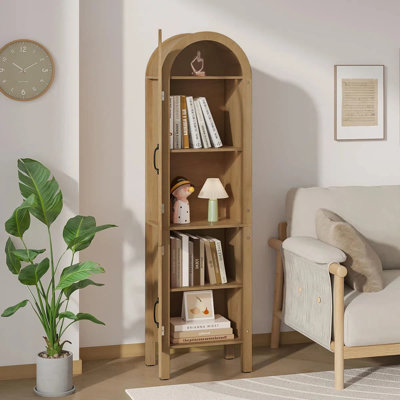 64.17 inch Arched Display Cabinet Bookcase With Acrylic Glass Doors, Curio Cabinet Farmhouse Dining Cabinet With Storage, Arch Accent Cabinet For Living Room