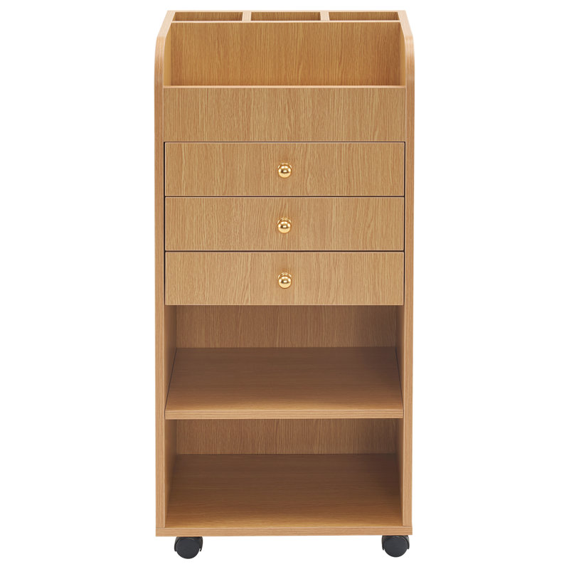 Oak Finish Rolling Salon Utility Trolley with Storage Drawers