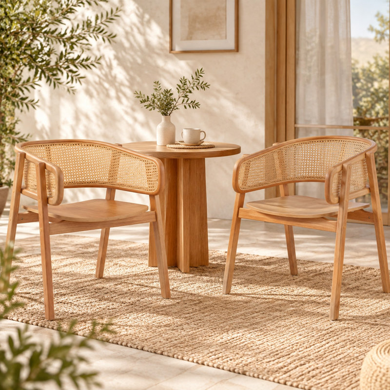 Ensemble de 2 chaises en rotin avec structure en bois d'hévéa et accoudoirs