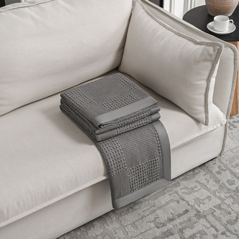 Twin Taupe and White Cotton Waffle Blanket with Sateen Binding