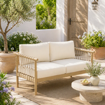 Causeuse d'extérieur surdimensionnée en corde de bois d'acacia beige avec coussins crème pour patio et cour arrière