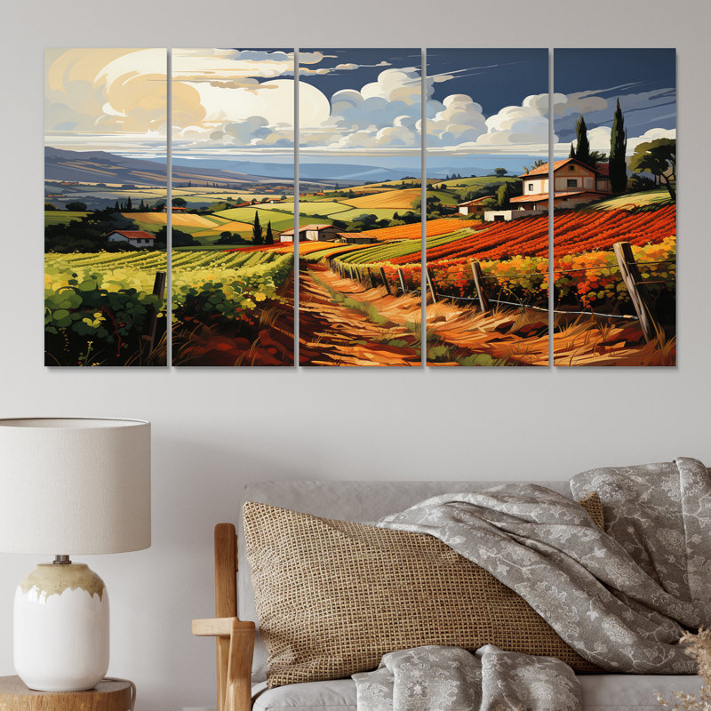 Vineyard Rows Of Ruby Landscape - ferme impression sur toile - 5 panneaux égaux