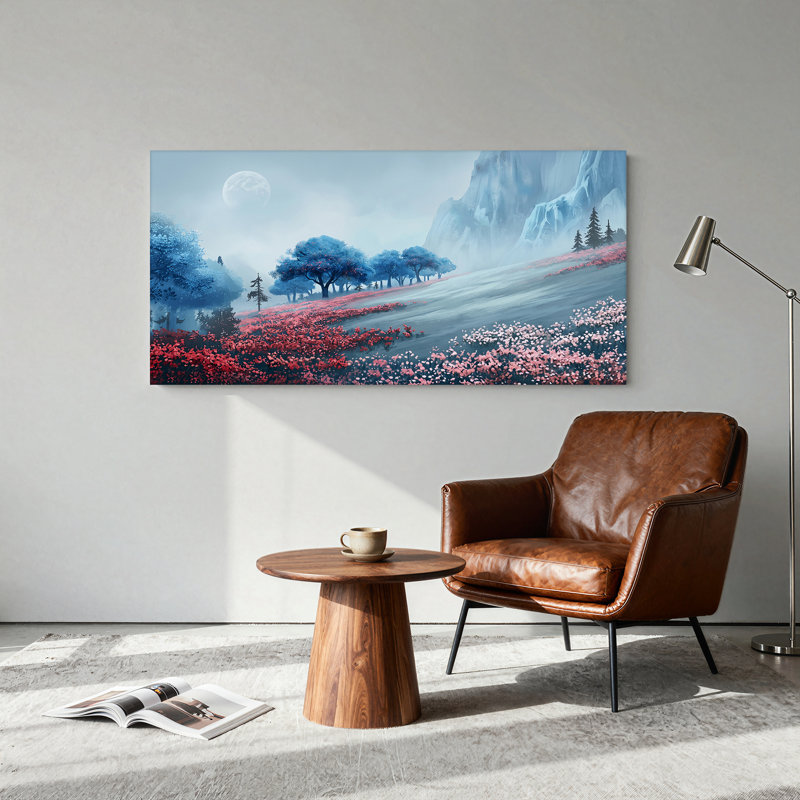 Tableau sur toile représentant un champ de fleurs roses, des arbres bleus et une montagne au clair de lune brumeux