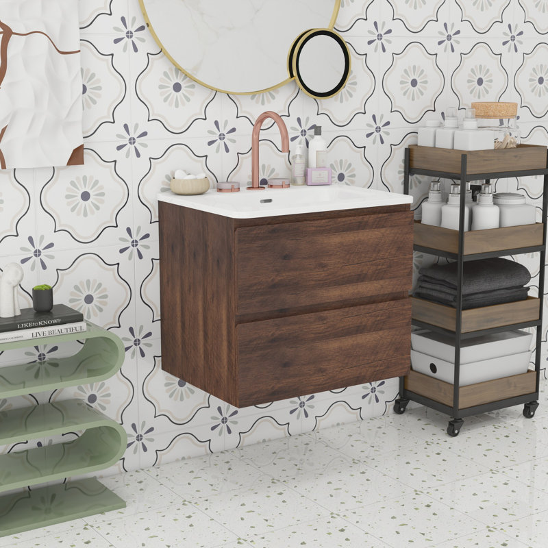 Meuble-lavabo à trois trous en céramique, Noyer