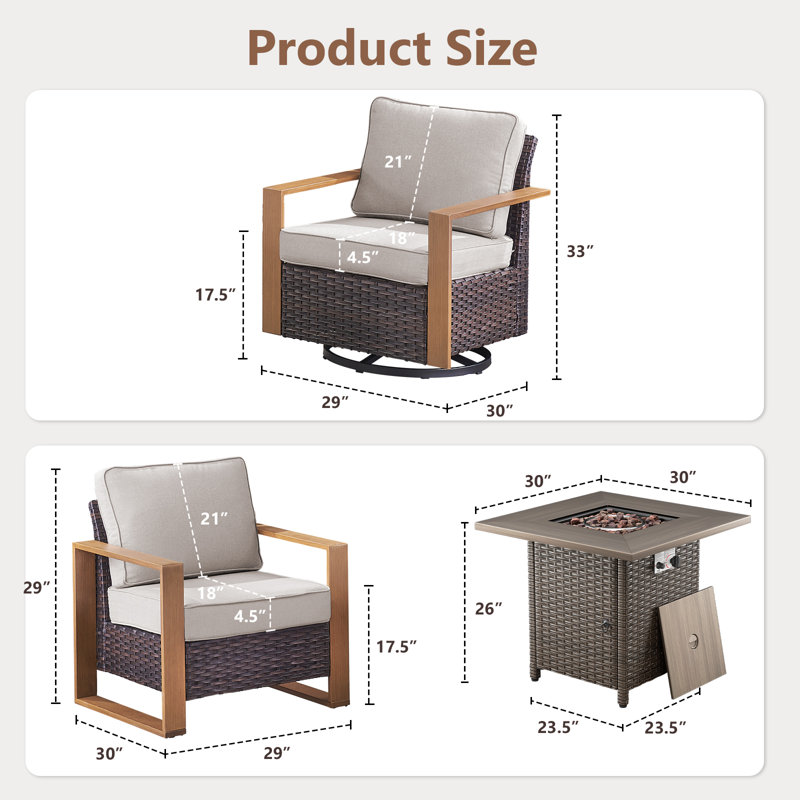 5-Piece Outdoor Frame Armrest Patio Conversation Set With Swivel Chairs And Fire Pit Table, Beige, Brown