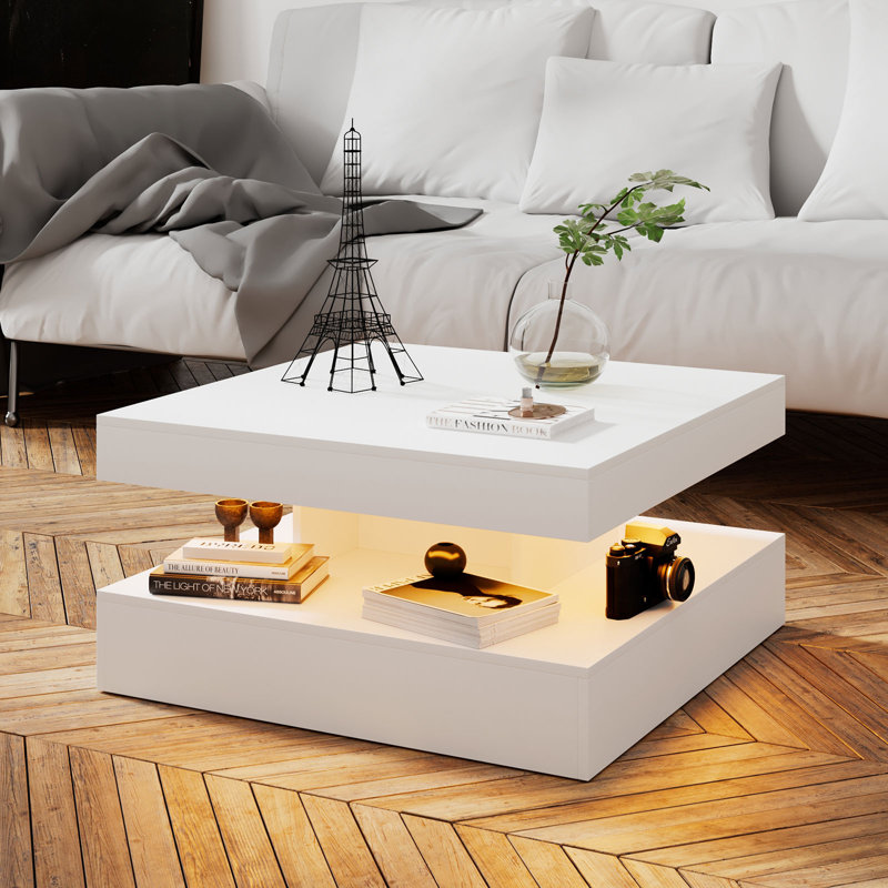 Charvez Square High Gloss LED Coffee Table with Open Storage, High Gloss White, 40cm H x 78cm W x 78cm D