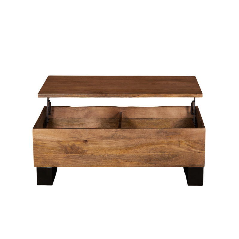Table basse rectangulaire relevable, style américain traditionnel, bois de manguier massif, finition polie brune, piètement traîneau, grand espace de rangement, profondeur 109 cm, largeur 61 cm, hauteur 41 cm, poids 42,5 kg