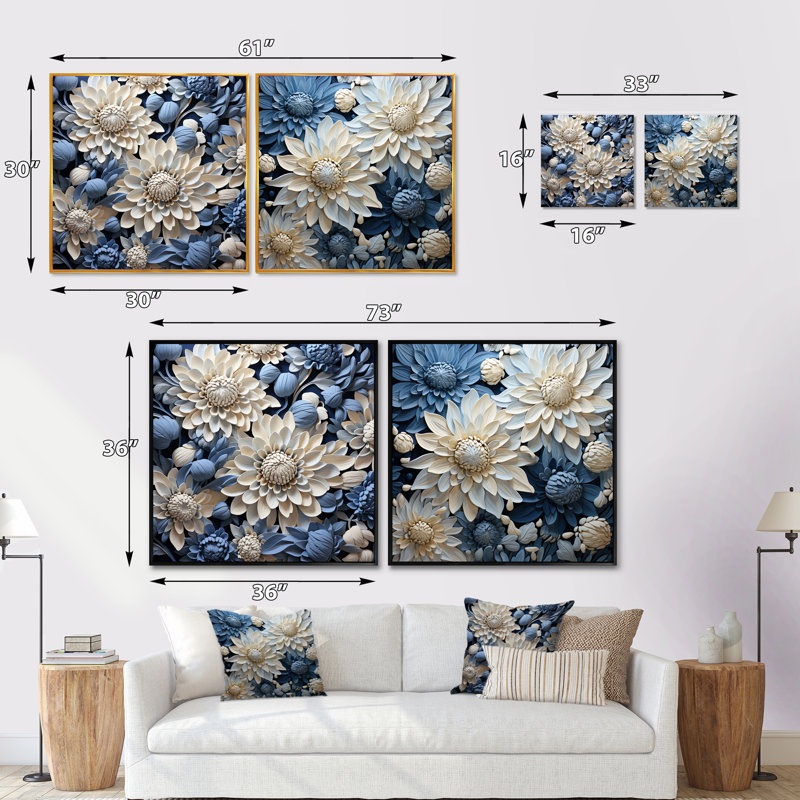 Ensemble de 2 collages carrés en châtaignier blanc pur et bleu, Cadre flottant blanc, H 30 po x l 61 po