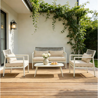Ensemble de canapé modulaire d'extérieur en corde tissée 4 cordes en PE avec mobilier de conversation à structure métallique avec coussins épais et table basse, sièges toutes saisons pour balcon, porche et cour arrière