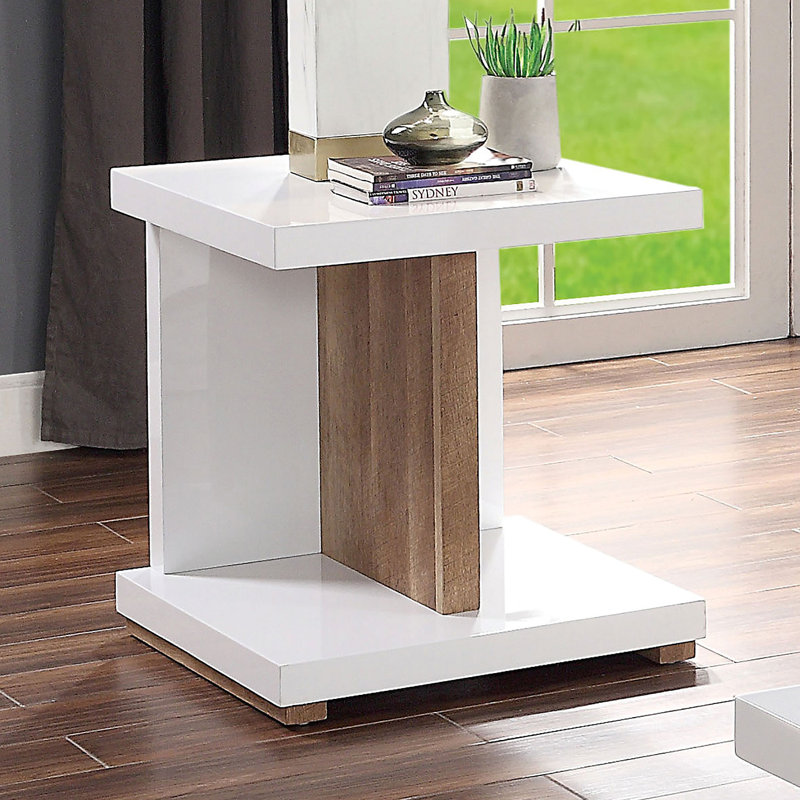 Table de bout de style contemporain contemporain à deux tons avec finition brillante, tablettes ouvertes, base en bois, table basse blanche - non incluse