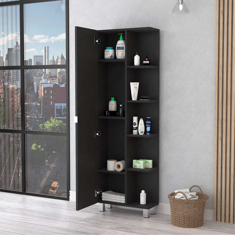 Armoire à miroir en lin, quatre tablettes intérieures, cinq tablettes extérieures - noir, Noir