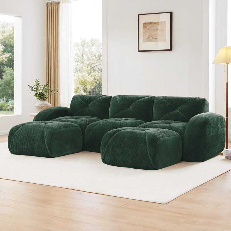 Canapé en forme de U sans os, conception capitonnée, éponge haute densité 32D, conception antidérapante inférieure, aucun assemblage requis, combinaison libre, repose-pieds mobiles pour le bureau et le cinéma maison, vert