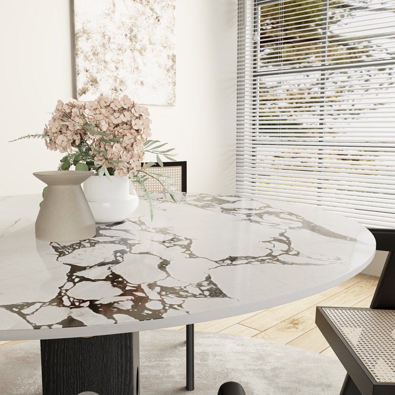 Simplistic Circular-shaped Stone Dining Table for 4 Black Dining Room Table With Mirror, 30" H x 43.3" W x 43.3" D