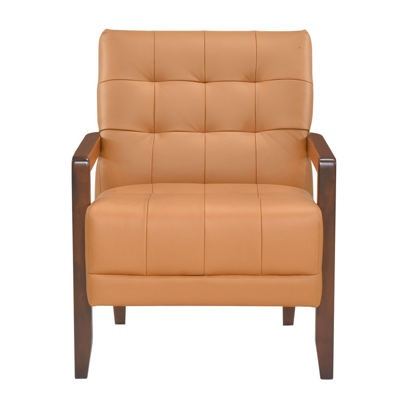 Chaise en cuir orange avec siège confortable et base noyer avec accents contemporains rembourrés de mousse flamboyante