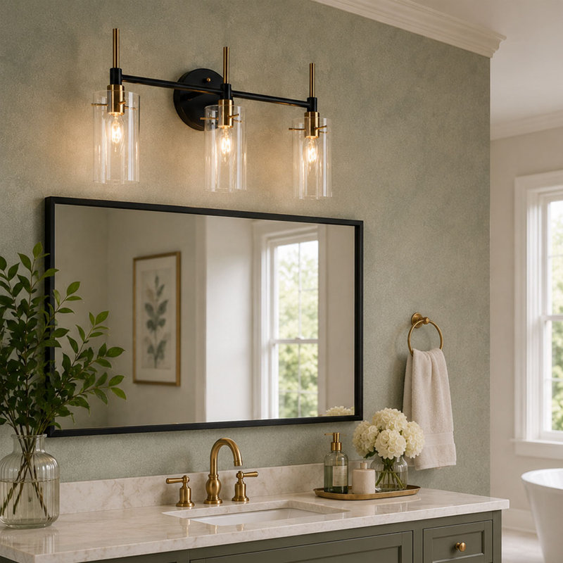 3-Light Dimmable Transparent Glass Modern Vanity Light, Matte Black/Gold, 3 Light