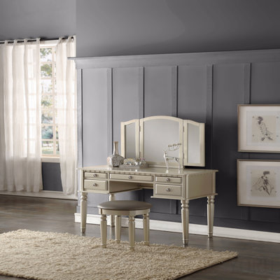 Bedroom Contemporary Vanity Set W Foldable Mirror Stool Drawers Silver Color