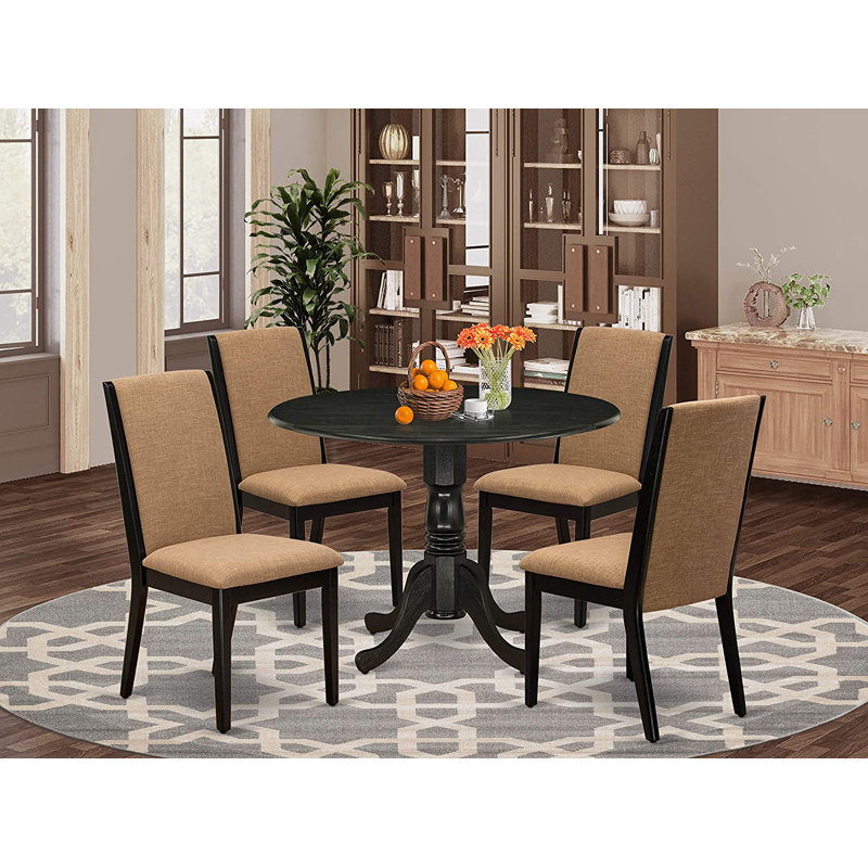 L'ensemble de table de salle à manger 5 pièces pour 4 personnes comprend une table de cuisine ronde avec Dropleaf et 4 chaises de salle à manger Parsons en lin de couleur sable, noir brossé