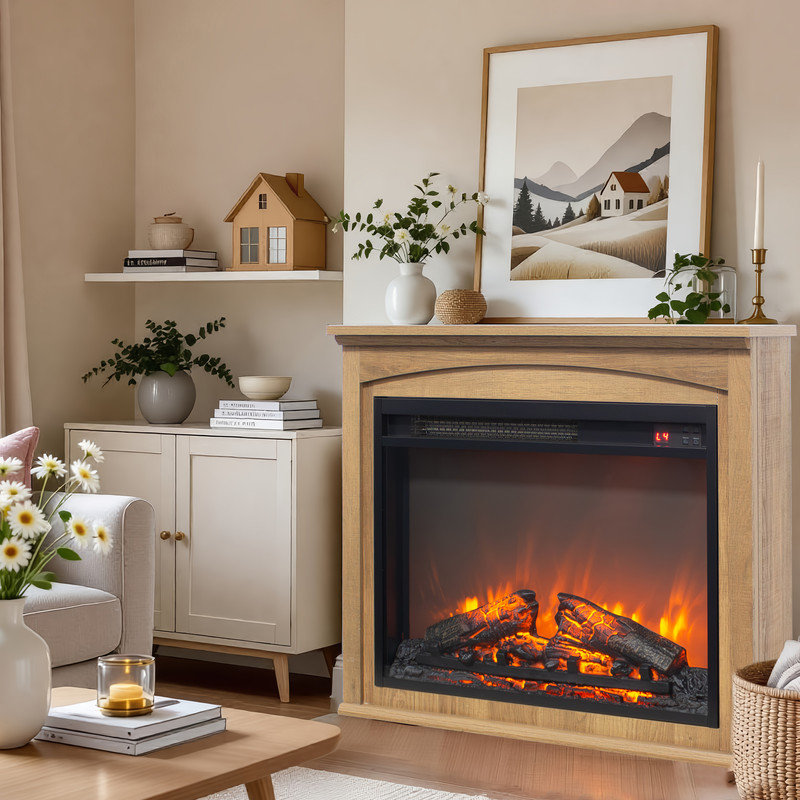  23" Electric Fireplace with 28"Mantel, Freestanding Electric Fireplace w/Realistic Flame & Logs, Remote Control, Timer, Adjustable 4 Flame Brightness, Fireplace Heater for Living Room, 1400W