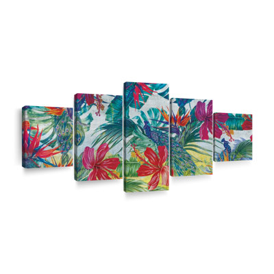 " Tropical Peacocks And Flowers Multi Piece Canvas Print " 5 - Pieces