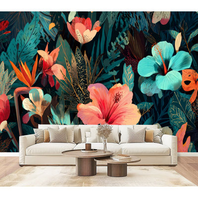 Leaf Peel and Stick Wallpaper Tropical Floral Palm Leaves Dark Botanical Hibiscus Flowers Tropical Wall Murals 69"H x 96"W Removable PVC Wall Paper Self-Adhesive Wall Decor for Bedroom Living Room Home Office
