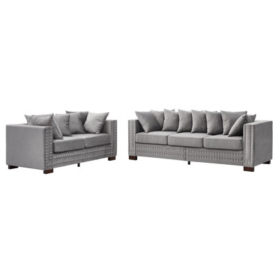 Velours gris moderne avec accoudoirs carrés décorés de clous argentés, sièges rembourrés à ressorts confortables, housses de coussin amovibles, rangement sous les coussins, accoudoirs à 5 sièges faciles à assembler