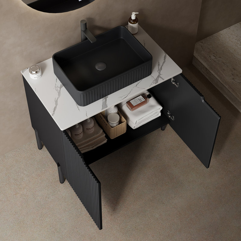 30" W Bathroom Vanity with Sintered Stone Top and Ceramic Sink, Fluted Freestanding Vanity, Black, Black