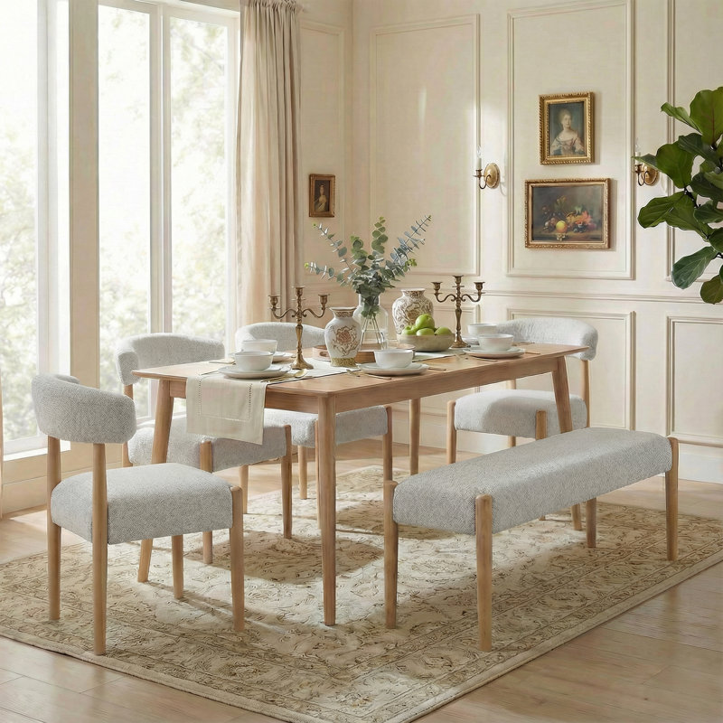 5-Piece Upholstered Side Dining Chair & Bench, Beige