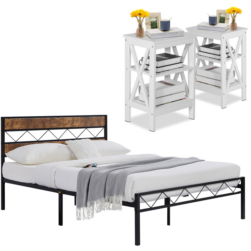 Ensemble de chambre à coucher, cadre de lit et table de chevet, Double, Blanc