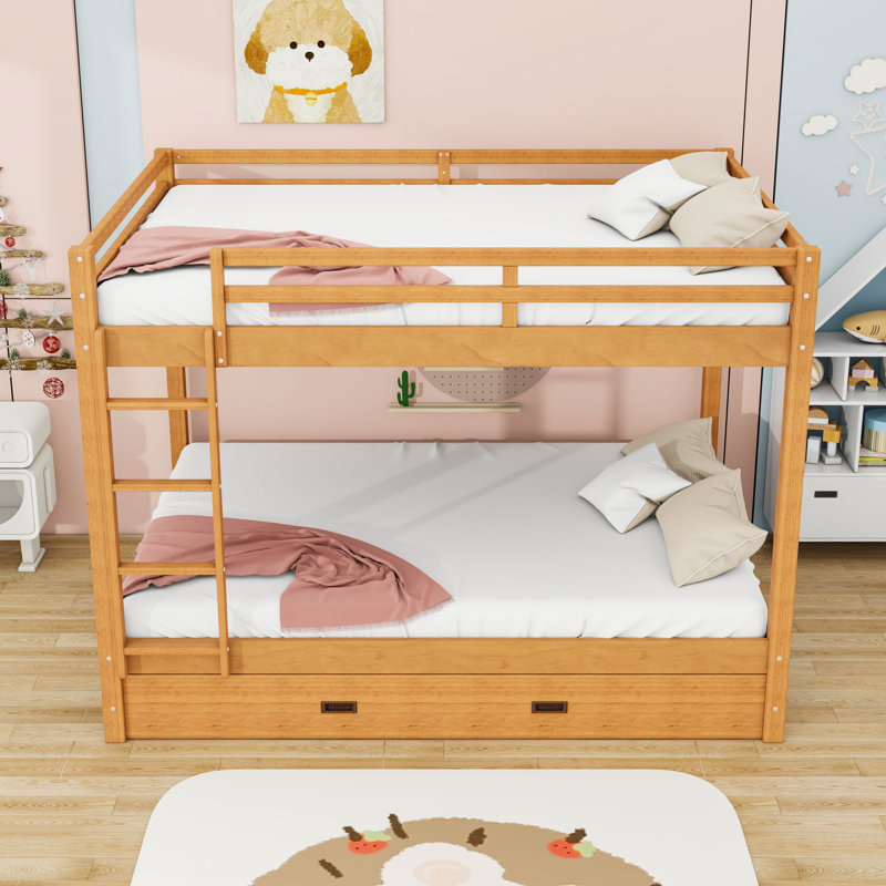 Queen Over Queen Wood Bunk Bed With Twin XL Trundle And Ladder, Wood