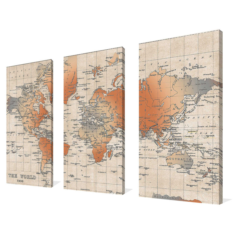 «Carte du monde», reproduction sur toile 3 pièces, H 32 po x l 48 po x P 1 po