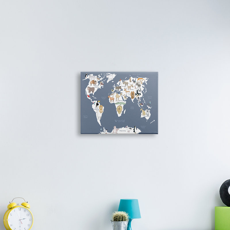 Adorable carte du monde des animaux, lion tigre, ours - impression, H 16 po x l 20 po x 1,5 po