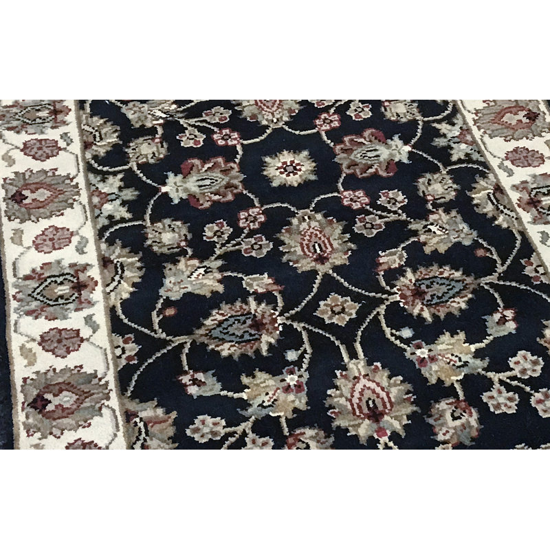 Hand-Knotted High-Quality Ivory and Dark Blue Runner