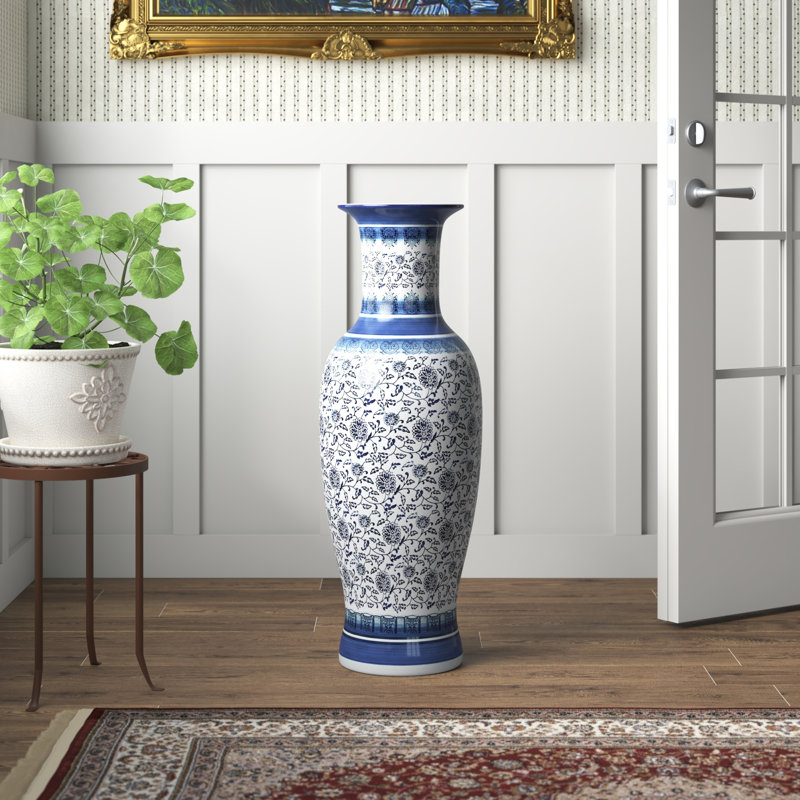 Huneycutt Handcrafted Hand-Painted Ceramic Floor Vase, Blue Floral