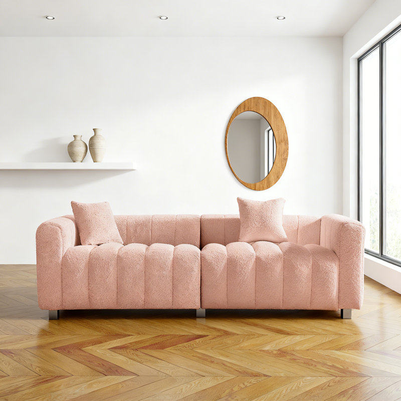 Canapé 87,4 po en velours 3 places de qualité supérieure, causeuse rembourrée moderne avec pieds en métal et 2 coussins, Rose