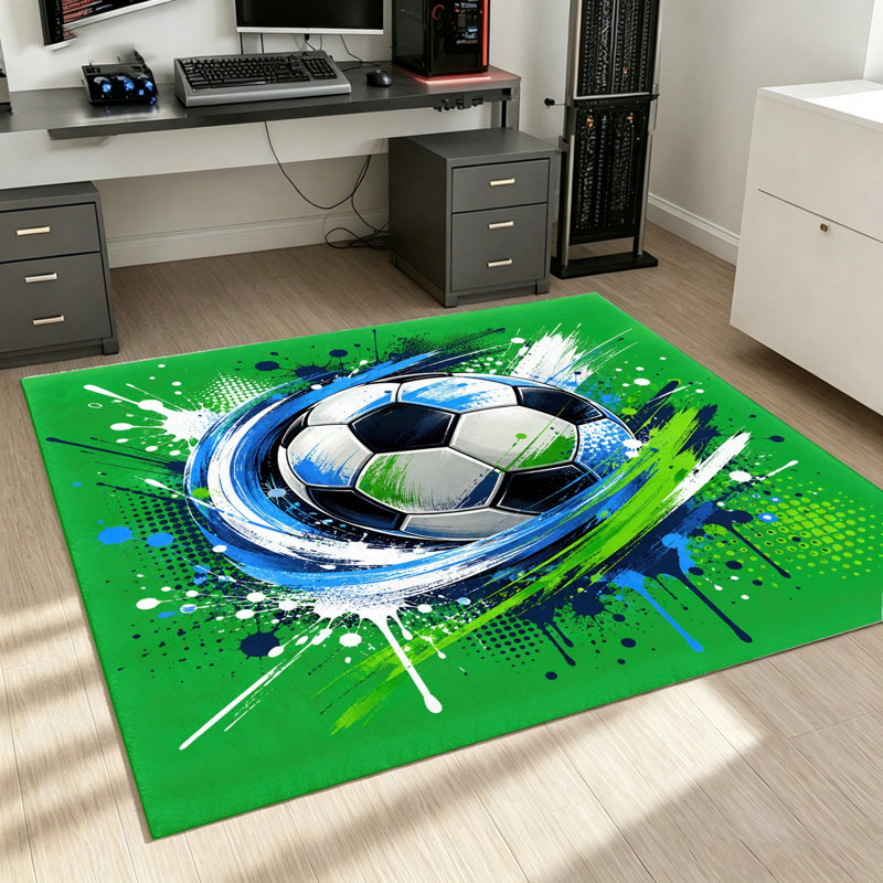 Vibrant Soccer Ball Area Rug, Room Decor, Durable Non-Slip Machine Washable Indoor Floor Mat for Living, Bedroom, Gaming, Playroom, World Cup Soccer Decor
