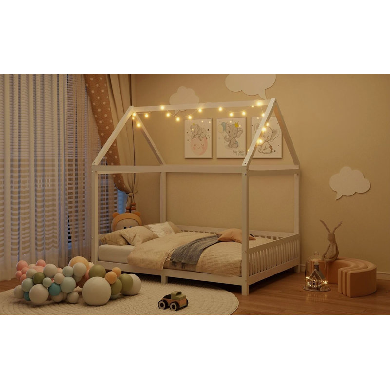 Lit de maison en bois Aseliya avec garde-corps et DEL, Lit double