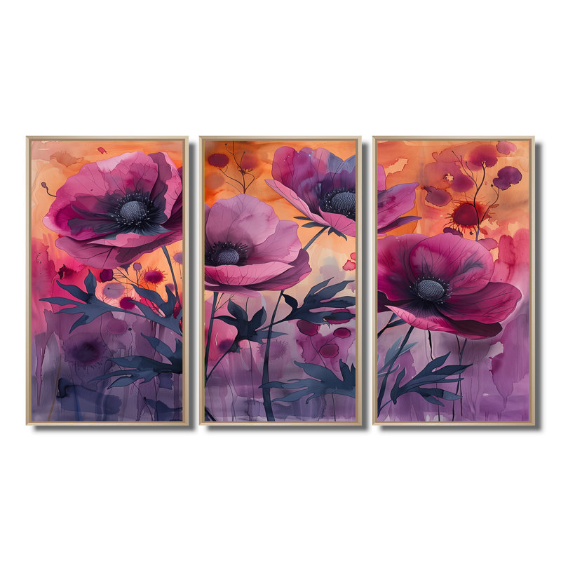 Mauve rouge délicat Poppy Meadows - Ensemble de décorations murales coquelicots, Toile naturelle avec cadre flottant