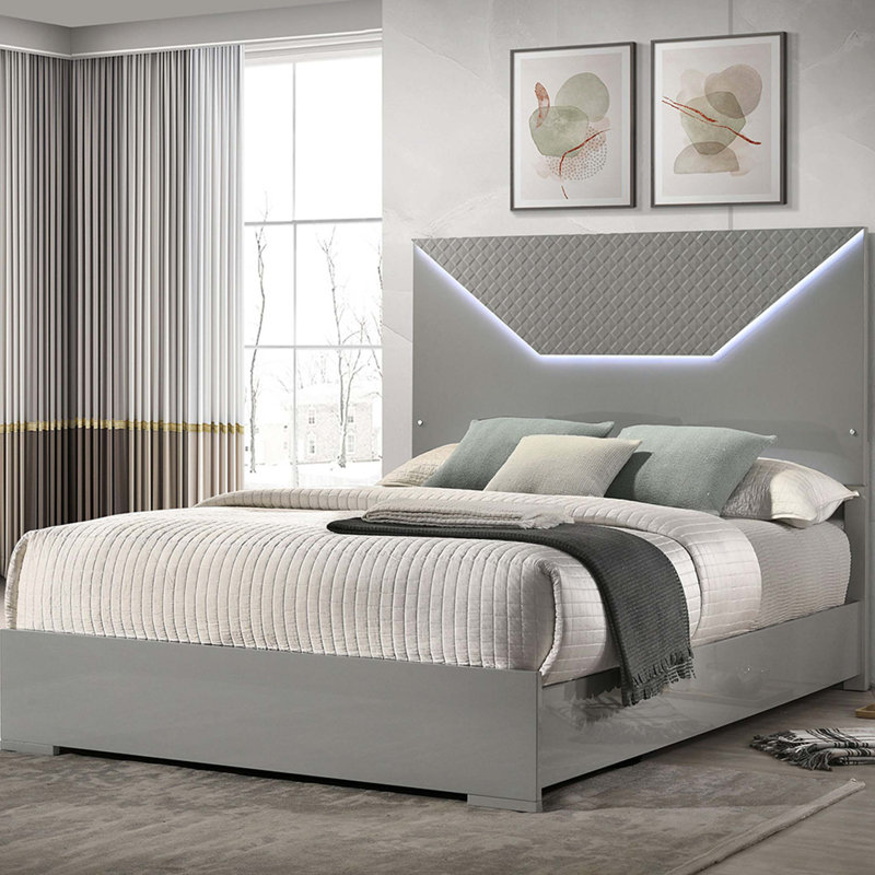 High Gloss Panel Bed LED Headboard, Gray