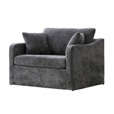 43.9" Wide Modern Upholstered Farmhouse Performance Accent Chair With Black Metal Legs, Chenille Reading Armchair Single Sofa With Two Bolster Pillows, Suitable For Living Room, Offices And Lounge, Charcoal