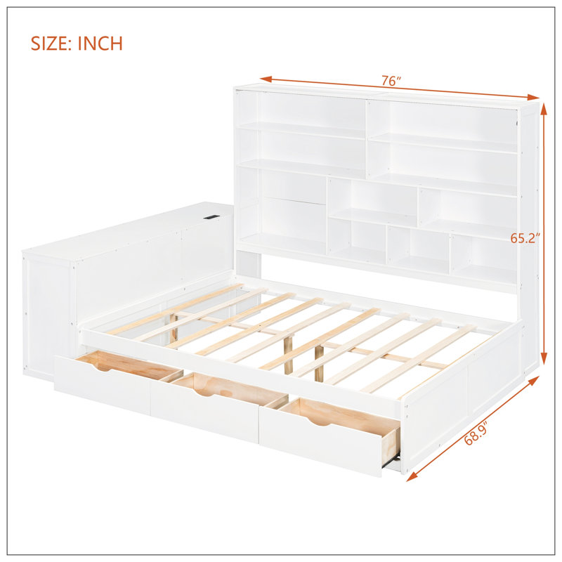 Lit de jour double en bois avec trois tiroirs, bureau, tablettes et lumières, Blanc