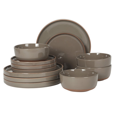 Gibson Elite Northrock Stoneware Dinnerware Set, 16-Piece Service for 4 Plates and Bowls Set – Gray Dishes with Hand-Painted Terracotta Base