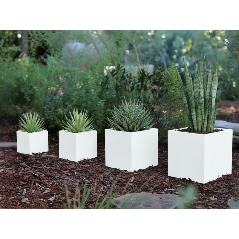 Pots de fleurs cubiques légers en fibre de verre, ensemble de 4 - Intérieur/Extérieur, Taille G, Blanc