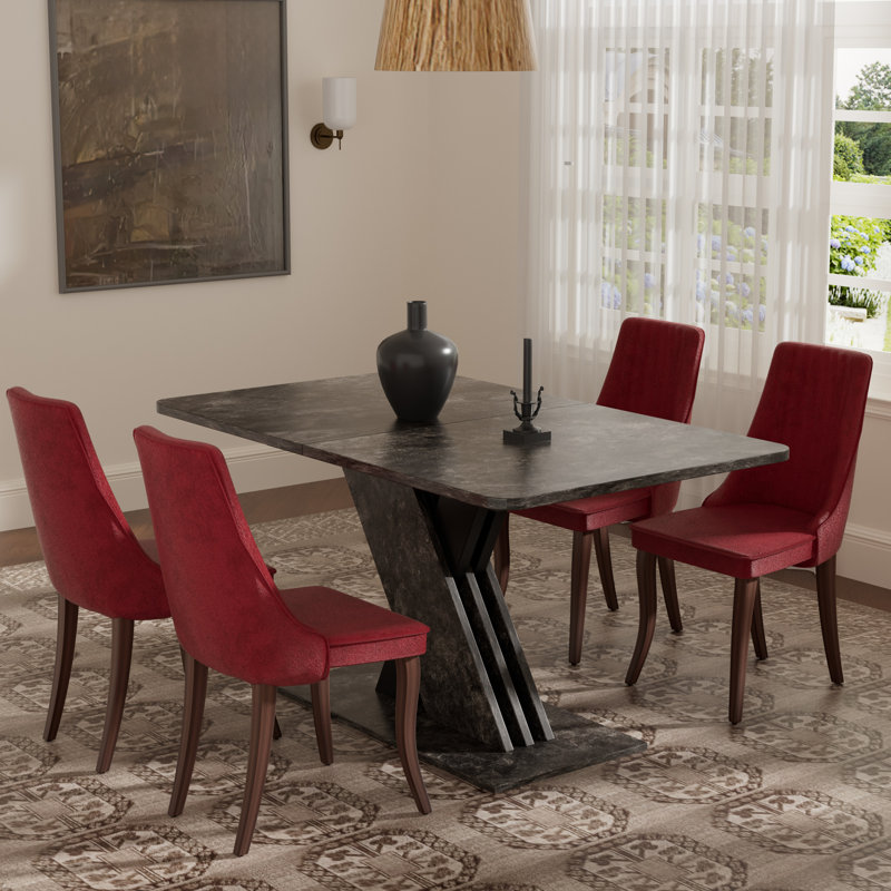Ensemble de salle à manger rectangulaire à piédestal avec tissu en rayonne, Brun, 7, Rouge vin