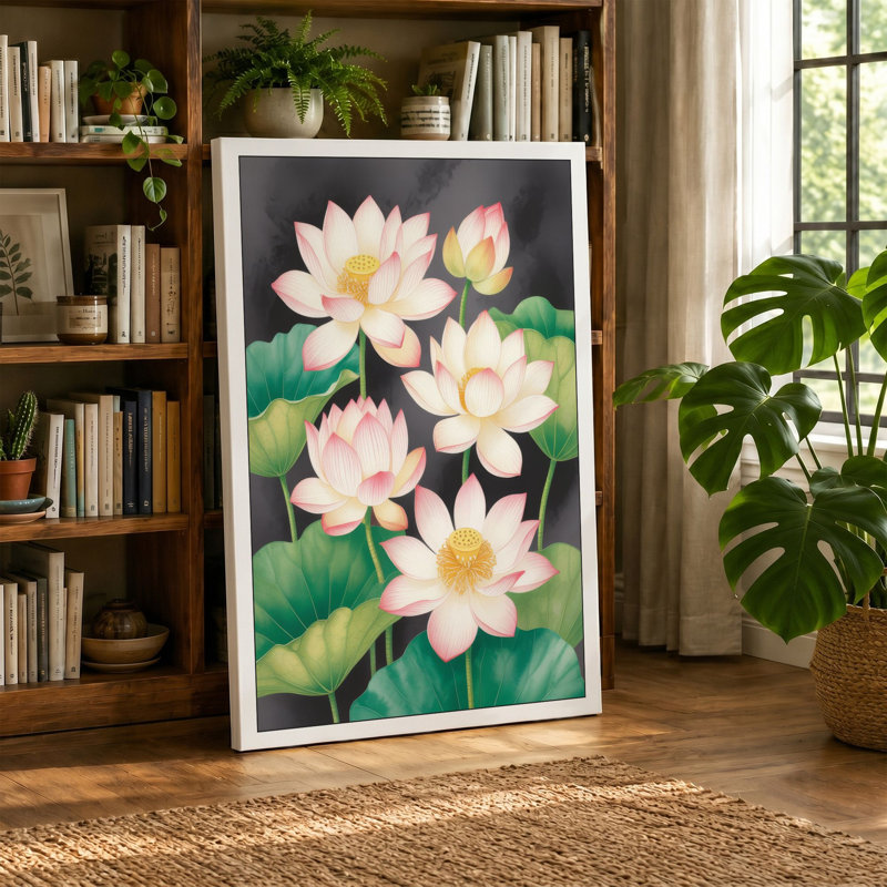 Lotus in Bloom Botanical - Wrapped Canvas, 36x24 - 91.4 x 61.0 cm, Black Border