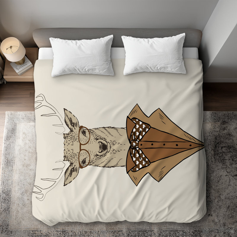 Beige Rustic King Duvet Cover with Deer Brown Coat Design