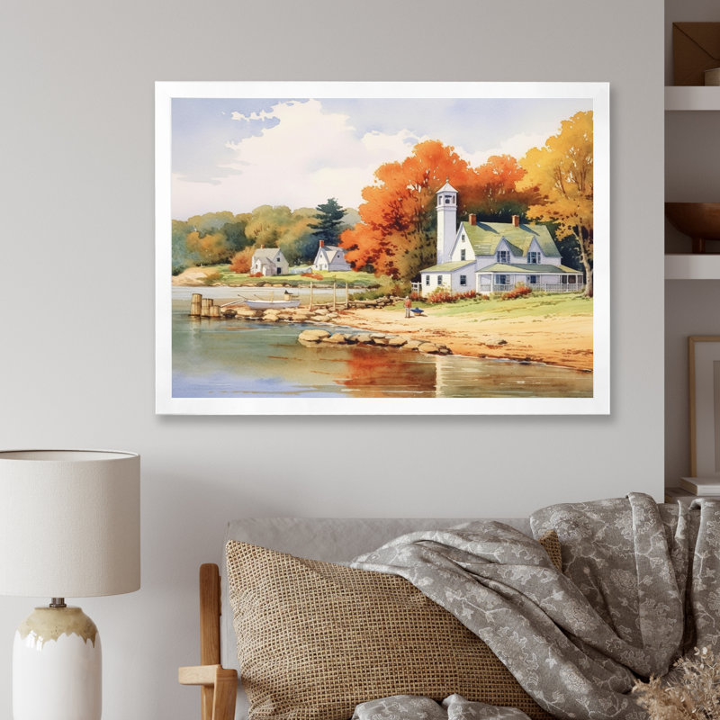 Connecticut's Lake Village Charm II - reproduction sur toile, H 24 po x l 32 po x P 1 po, Cadre photo blanc